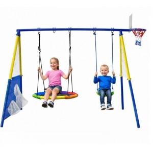 Metalinės vaikų žaidimų sūpynės su gandro lizdu, sūpynėmis ir krepšiniu